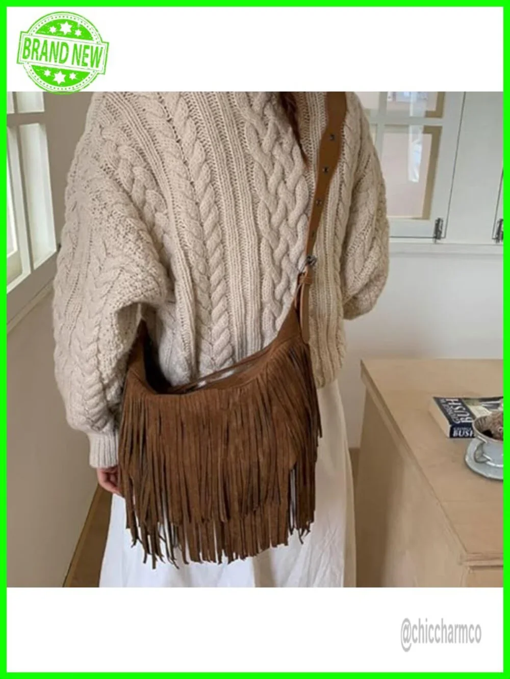 Boho Fringe Hobo Bag, Suede Leather Crossbody Shoulder Bag with Adjustable Strap